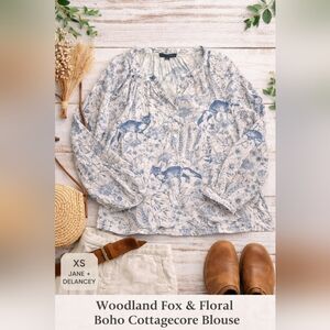 Jane + Delancey Fox Print Blouse XS Blue White Woodland Floral Boho Peasant Top